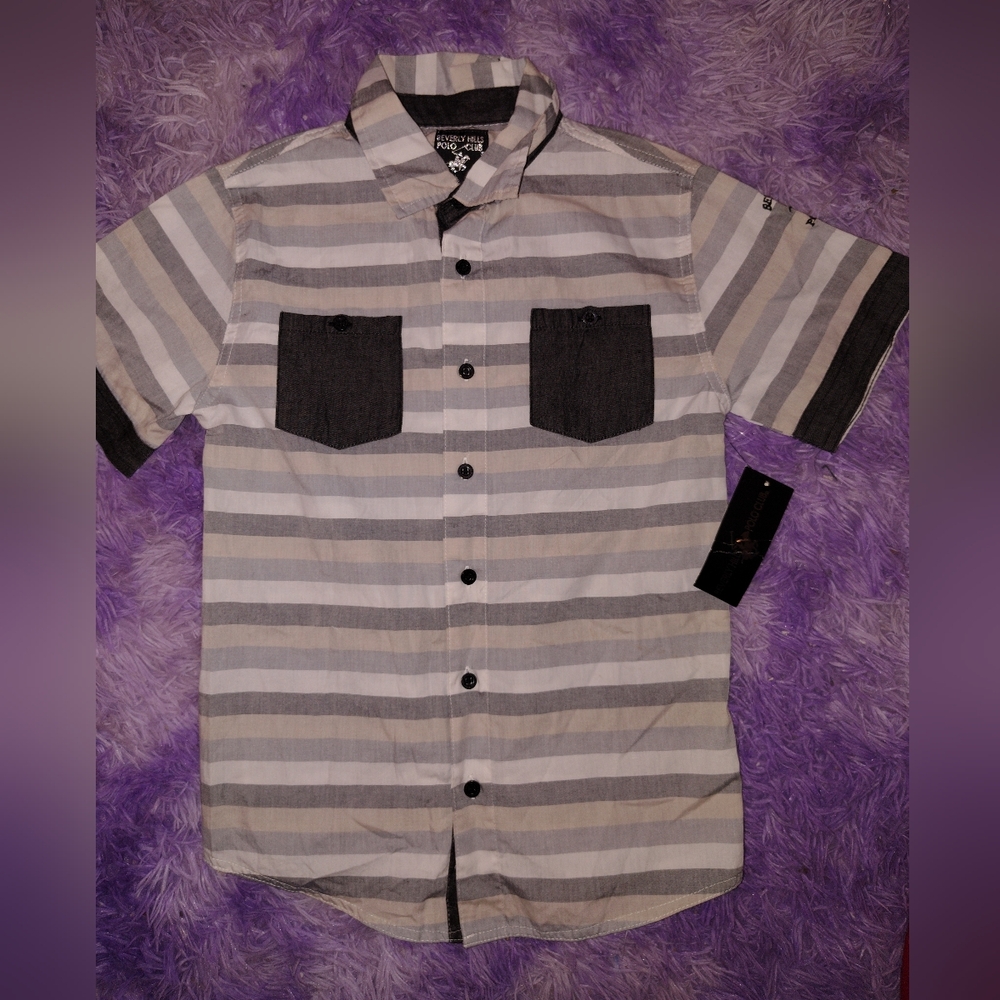 Beverly Hills Polo Club Gray and Black Striped Button-Down Shirt
